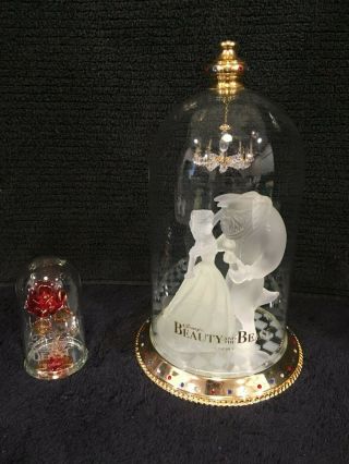Rare Disney Beauty And The Beast - Glass Figurine With Glass Dome - Plus Rose - Omc