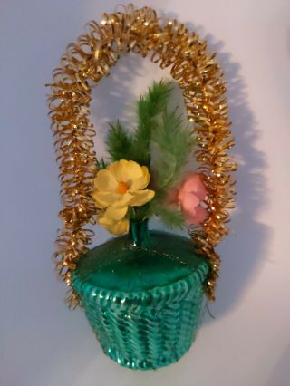 Antique German? Wire Wrapped Green Mercury Glass Basket Christmas Ornament Old