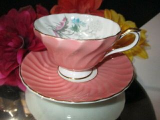 Cup Saucer Aynsley Footed Swirl Solid Rose Pink Blue Aster Spray Pink Leaves