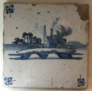 Antique Blue And White Dutch Delft Tile Houses/ships/hand Painted 18th Century
