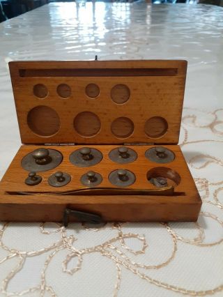 Antique German Brass/iron Scale Weights In Wooden Box