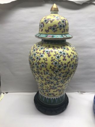 Large Vintage Chinese Yellow Glazed Famille Rose Porcelain Vase Jar Urn & Stand