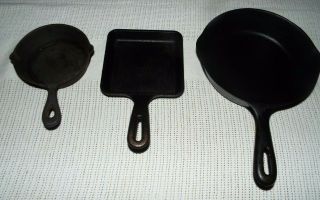 3 Cast Iron Skillets Wagner Ware - Lodge - & Antique 5 In.  Salesman 