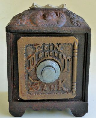 Antique Coin Deposit Combination Safe Style Cast Iron Bank Still Penny Coin Bank