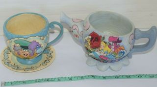 Jim Shore Disney Alice In Wonderland Planter Set Rare Tea Pot Cup