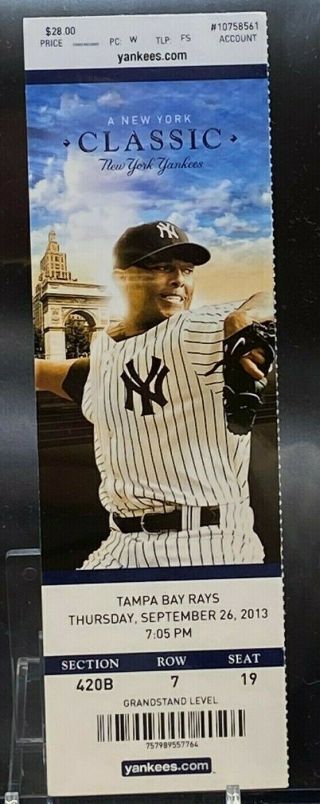 2013 Mariano Rivera Final Game Yankee Stadium 9/26/13 Mariano On Ticket Rare