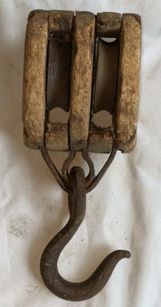 Antique Vintage Double Wood Block & Tackle Pulley W/ Hook Display Piece