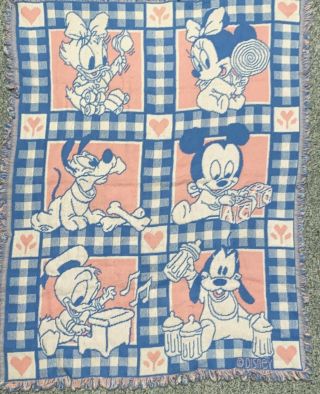 Rare Vintage Disney Baby Woven Tapestry Mickey Minnie Blanket 38 " X30 " Pluto