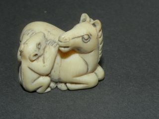 Antique Carved Netsuke Bear Cub With Horse