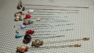 16 Antique Vintage Hat Pins Glass Metal Rhinestone Tops Mixed Sizes