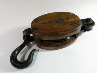 Antique Wood And Iron Single Rope Pulley 14 " Long—farmers Barn Pulley With Hook