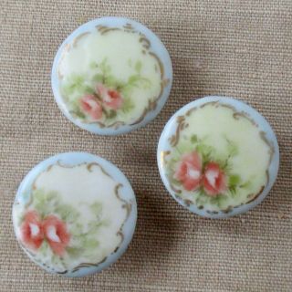 Set Of 3 Hand Painted Flower Ceramic Buttons W Stud Shanks