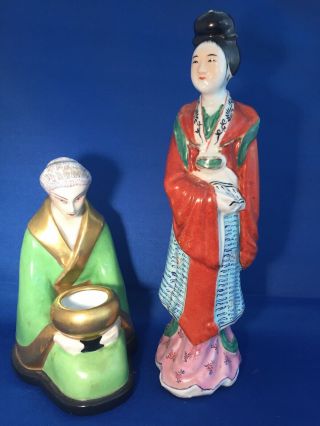 Two Antique Japanese Geisha Girl Figurines Porcelain Colorful