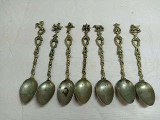 7 Italian Silver Renaissance Style Figural Demitasse Spoons