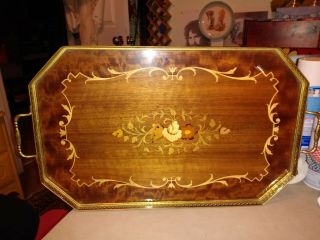 Vintage Italian Marquetry Inlaid Wood Tray W/ Brass Gallery And Handles,  Octagon