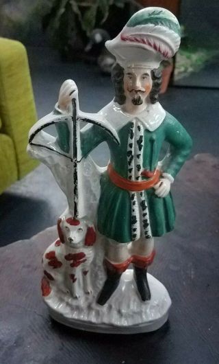 Antique Old Staffordshire Man Dog Figurine Statue Porcelain English