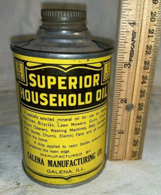 Antique Superior Household Oil Tin Litho Handy Oiler Can Galena Il 8oz Lubricant