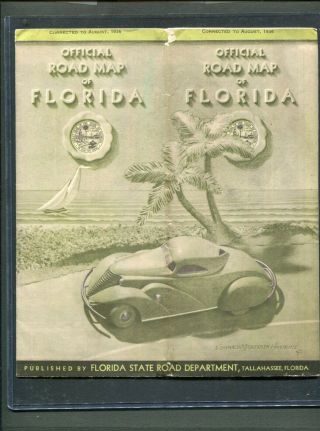 Awesome Streamline Car Rare 1936 Official Road Map Of Florida 450062