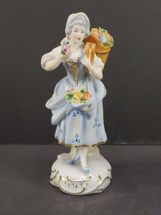 Antique Sitzendorf Dresden Bisque Porcelain Figurine Lady W/ Basket