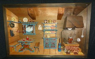 Vintage Made In Italy Diorama 3d Shadow Box Kitchen Scene Wood Carved Vintage