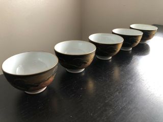 Antique Set Of 5 Japanese Kutani Porcelain Teacups Black Gilt Mountain Abstract