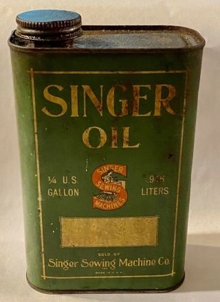 Antique Vintage Singer Sewing Machine Oil Can 1/4 Full 1/4 Us Gallon Advertising
