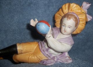 Antique Victorian German Porcelain Bisque Figurine Lying Boy Doll W/ Ball 7 " Long