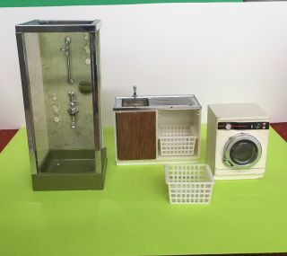 Vintage W Germany Miniature Doll House Fixtures Shower Wash Machine Kitchen Sink