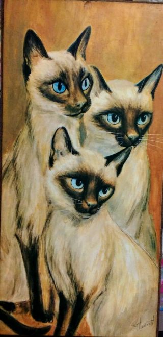 1970s Retro Vintage Rt Harnett Siamese Cats Wall Print Wood Plaque Picture