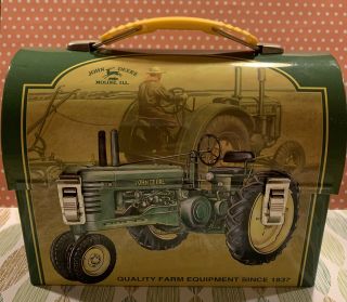 John Deere Mini Lunch Box Candy Tin Can With Handle Vintage And Rare Moline Il.