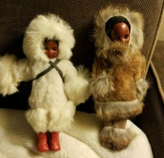 2 Vintage Eskimo Doll Real Fur Parka 7.  5 Inch Dark Skin