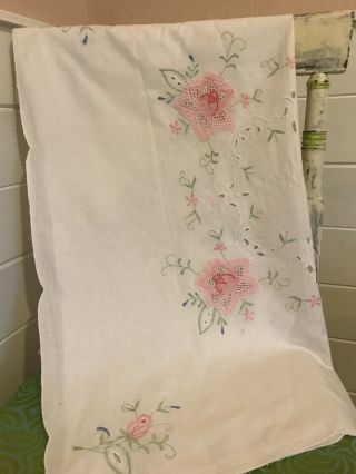 Pretty Vintage Tablecloth White Cotton Pink Embroidered Flowers Gc 30”