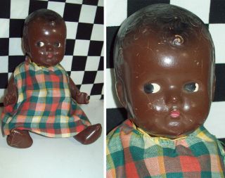 8.  5 " Antique Composition Black Baby Doll Plaid Clothes Perfect Neat And