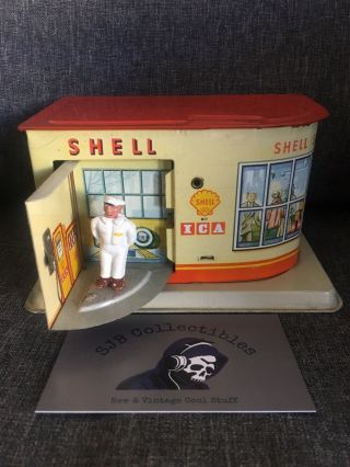 Vintage Rare Michael Seidel Shell Gas Station Tin Plated Toy With Key