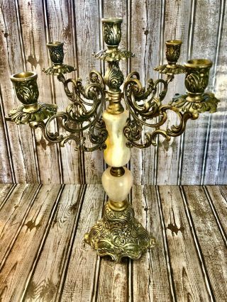 Mod.  Dep Made In Italy Marble And Brass Candelabra Holds 5 Candles Marked Rare