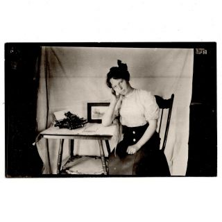 Blickensderfer Typewriter Postcard Antique Rppc Vtg Shreibmaschine Woman Desk