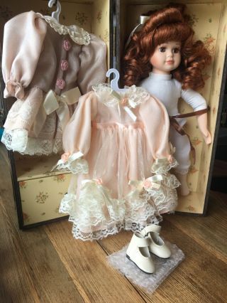 Vintage Porcelain Dress Up Doll In Wooden Wardrobe Box With 2 Outfits.