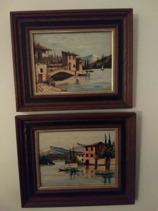 Pair Vintage Landscapes By M.  Bartolli Oil Painting On Board Signed By Artist