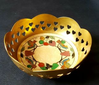 Antique Large 20cm Vintage Heavy Brass Fruit Bowl Hand Painted Decorative 2