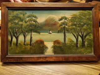 Vintage Landscape Oil Painting Framed 20.  5x12.  5,  Tree 