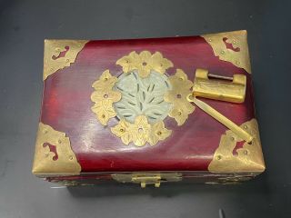 Vintage Large Chinese Jade Medallion Red Wood Jewelry Trunk Box With Lock Key