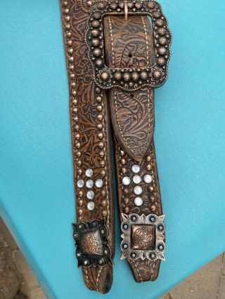 Western Antiqued Leather Headstall Copper Studs,  Conchos,  Buckle Bling Stones