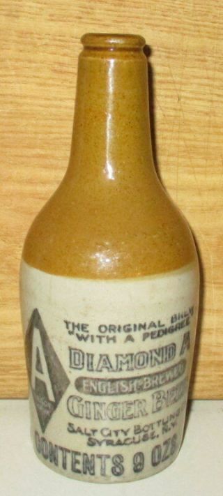 Rare Antique Diamond A Stoneware Ginger Beer Bottle Syracuse,  Ny