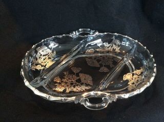 Antique Art Nouveau Sterling Silver Overlay Etched Divided Serving Dish Relish