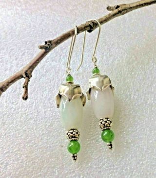 Vintage Chinese Natural Rare White Jadeite Jade Floral Sterling Earrings
