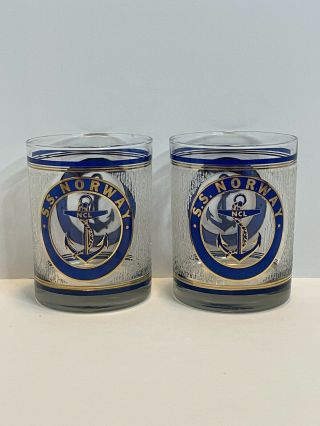 Ss Norway Ncl Cruise Line Glass Tumbler Gold & Blue Rare Set Of Two Rare Vintage