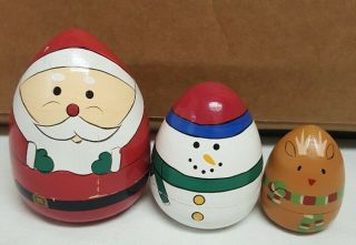 Vintage Christmas Wooden Painted Santa,  Snowman,  Reindeer Nesting Dolls Set Of 3