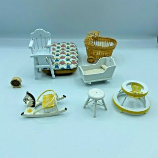 Dollhouse Miniature Baby Furniture White Wood Walker Crib Rocking Horse Mini