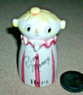 Antique Relco Ceramic Japan Coin Bank " Hers " Bowling " Pin Money " Pink Blond 1900