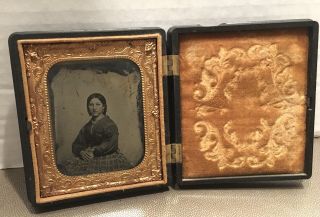 Tin Type Photo Antique Woman’s Portrait With Thermoplastic Copper Ornate Case